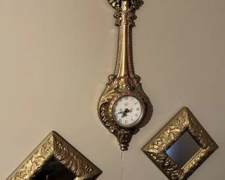 Vintage Syroco Wall Clock, Square Ornate GoldColored Mirror