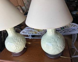 Pair celadon lamps with rosewood bases