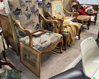 Pair piano motif upholstered Regence style tall back fauteiul
