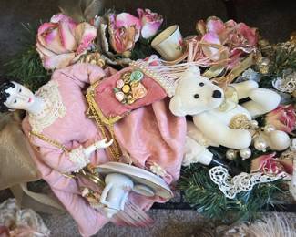Victorian-style Decorative Sleigh with Doll and Teddy Bear