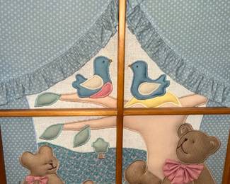 Framed Quilted Wall Hanging with Teddy Bears and Birds by Valerie
