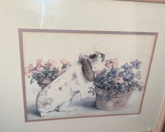 Jodi Jensen Lop-Eared Rabbit with Flowers Watercolor Painting