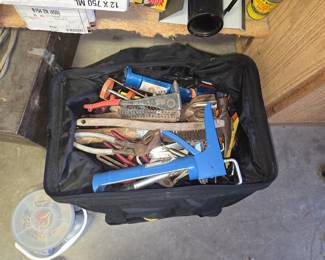 Assorted Hand Tools and Caulk Gun in Tool Bag