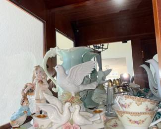 Porcelain Figurine Collection: Doves, Girl, Peter Rabbit, and Tea Set