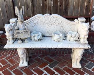 Vintage Concrete Bunny and Lion Garden Bench with Planters