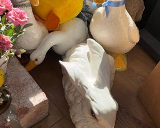 Ceramic Bunny and Duck Figurines with Plush Duck