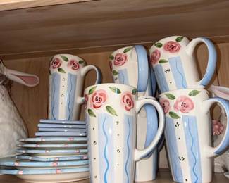 Hand-Painted Ceramic Mugs and Saucers with Rose and Stripe Pattern