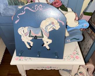 Hand-Painted Wooden Rocking Horse Shelf with Matching Table