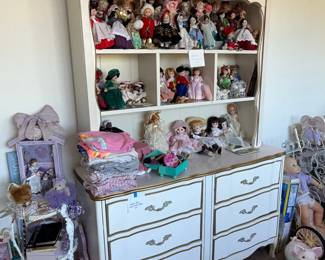 Vintage French Provincial Style Doll Display Cabinet with Collection of Dolls