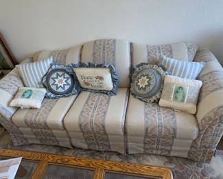 Striped Upholstered Sofa with Decorative Pillows