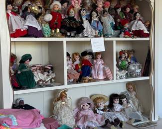 Vintage French Provincial Style Doll Display Cabinet with Collection of Dolls