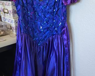 Vintage 80s Purple Satin Prom Dress with Sequins and Puffed Sleeves