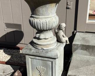 Neoclassical Cherub Garden Urn with Fluted Pedestal