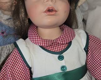 Porcelain Doll with Red Gingham Dress and Christmas Tree Apron