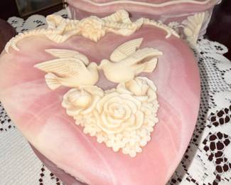 Heart-Shaped Pink Incolay Stone Trinket Box with Doves and Roses