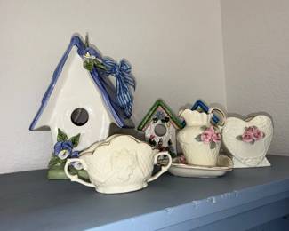 Fitz and Floyd Ceramic Decorative Birdhouse and Floral Pitcher Set