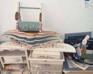 Hand-Painted Decorative Wooden Items with Bunny and Floral Motifs