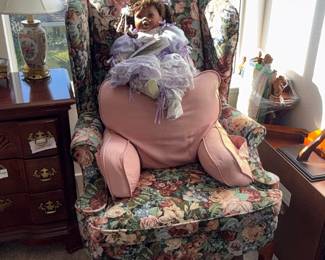 Vintage Floral Upholstered Wingback Chair with Doll and Footstool