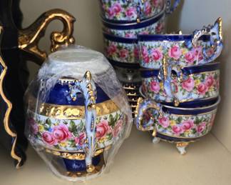 Limoges Cobalt Blue Floral Teacups and Saucers