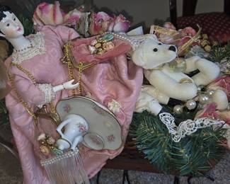 Victorian-style Decorative Sleigh with Doll and Teddy Bear