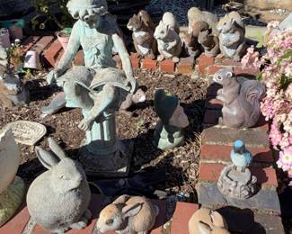 Assorted Garden Statuary Collection: Rabbits, Squirrels, Gnomes, Angels, and Girl on Pedestal