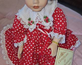 Porcelain Doll with Red Polka Dot Dress and Wind-Up Mechanism