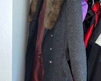 Vintage Jackie Stuart Grey Wool Tweed Coat with Fur Collar and Cuffs