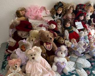 Collection of Porcelain Dolls and Teddy Bears