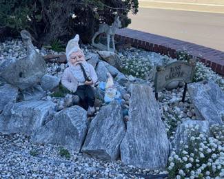 Vintage Garden Gnome Figurines with Stone Goose, Deer, and Squirrel