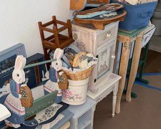 Hand-Painted Decorative Wooden Items with Bunny and Floral Motifs