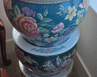 Set of Three Vintage Chinese Porcelain Fish Bowls with Floral and Goldfish Motifs