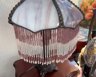 Vintage Purple and White Swirl Stained Glass Table Lamp with Beaded Fringe