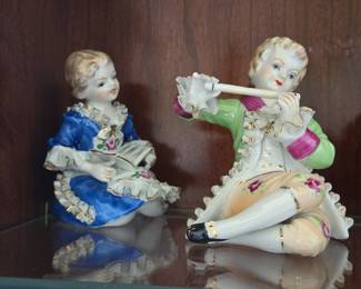Porcelain Figurine Set - Boy with Flute and Girl with Book - Possibly Dresden