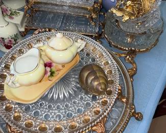Victorian Style Crystal Serving Tray with Gilt Metal Accents and Hand-Painted Porcelain Creamer and Sugar Set