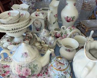 Victoria's Garden Rose Pattern Porcelain Tea Set and Decorative Items