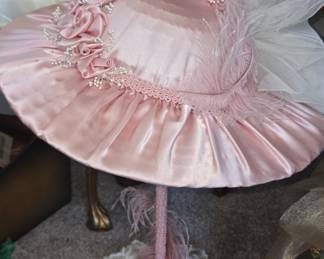 Pink Satin Bonnet Hat with Roses and Feathers