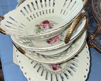 Porcelain "Victorian Rose" Lattice-Edge Fruit Bowl Set with Gold Handles by Formalities by Baum Bros.