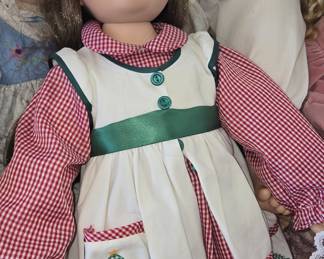 Porcelain Doll with Red Gingham Dress and Christmas Tree Apron