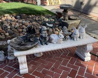 Concrete Garden Statuary Ensemble with Ornate Stone Bench