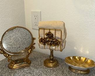 Matson Ornate Gold Tone Vanity Mirror, Napkin Holder, and Trinket Dish Set