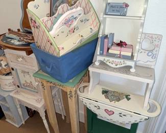 Hand-Painted Decorative Wooden Items with Bunny and Floral Motifs