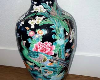 Chinese Famille Noire Porcelain Vase with Peacock and Floral Motif