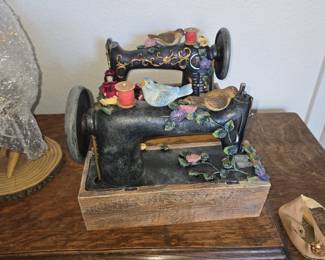 Decorative Sewing Machine Figurine with Doll and Birds