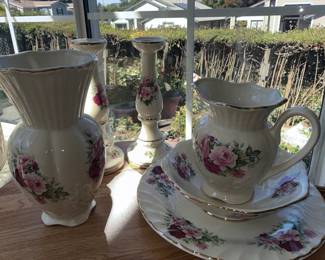 Maryleigh Pottery Rose Pattern Pitcher, Vase, and Candlestick Set