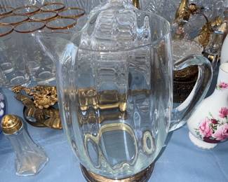 Vintage Jeannette Glass Thumbprint Pitcher with Gold Trim