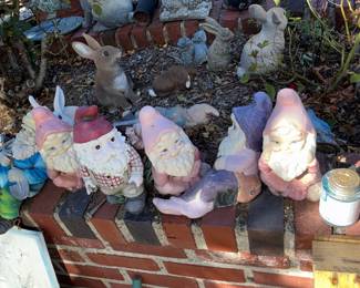 Assorted Garden Statuary Collection: Rabbits, Squirrels, Gnomes, Angels, and Girl on Pedestal