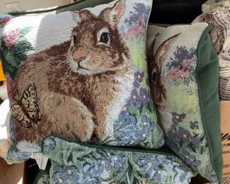 Linda Picken Tapestry Throw Pillows with Bunny and Butterfly Motif