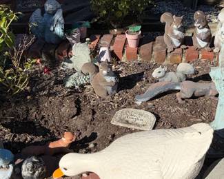 Assorted Garden Statuary Collection: Rabbits, Squirrels, Gnomes, Angels, and Girl on Pedestal