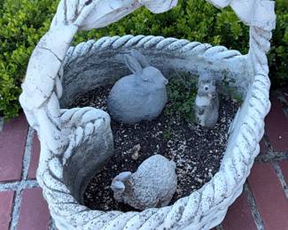 Vintage Concrete Bunny Basket Planter with Squirrel and Sheep