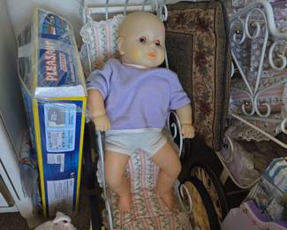 Vintage Baby Doll in Metal Pram with Pleasant Company Bitty Baby Track Set Box